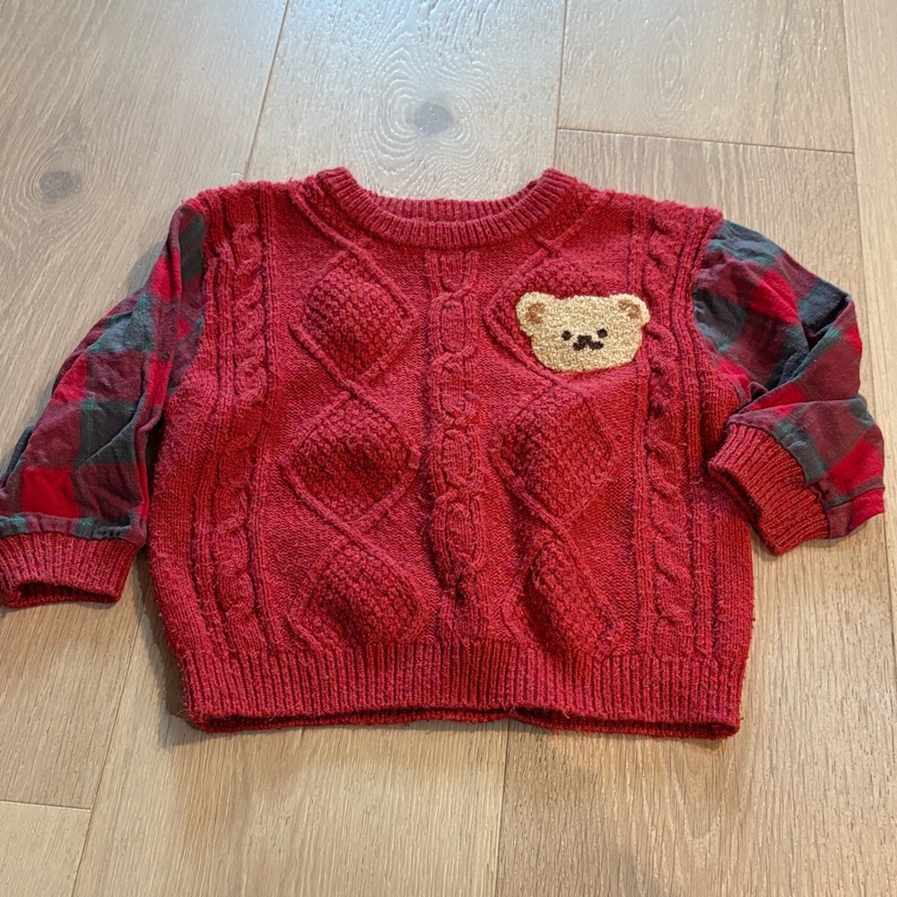 Red Cable-Knit Kids Sweater with Teddy Patch